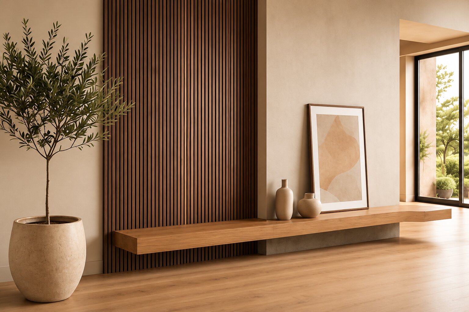 Wohnraum mit Holzlamellenwand, Sideboard und Olivenbaum